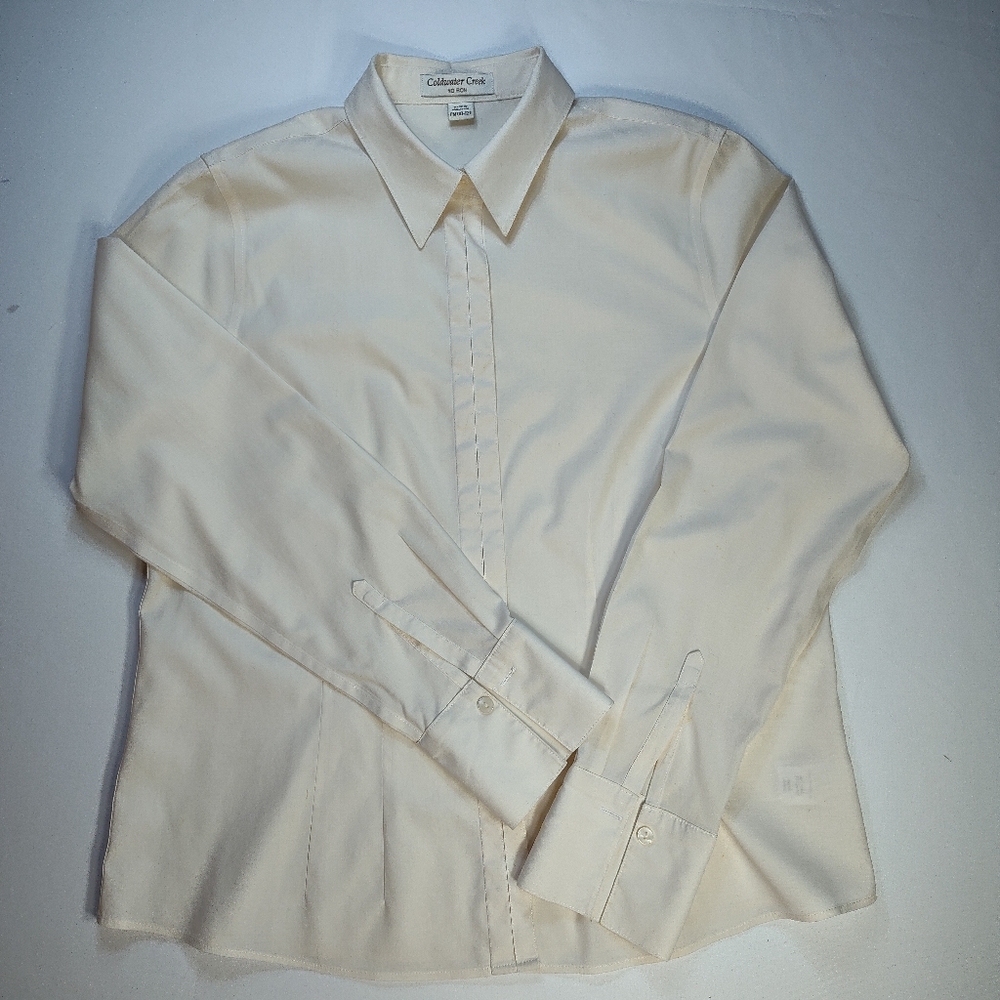 Coldwater Creek Women's Ivory Cuffed Long Sleeve Cotton Shirt. Petite 10-12